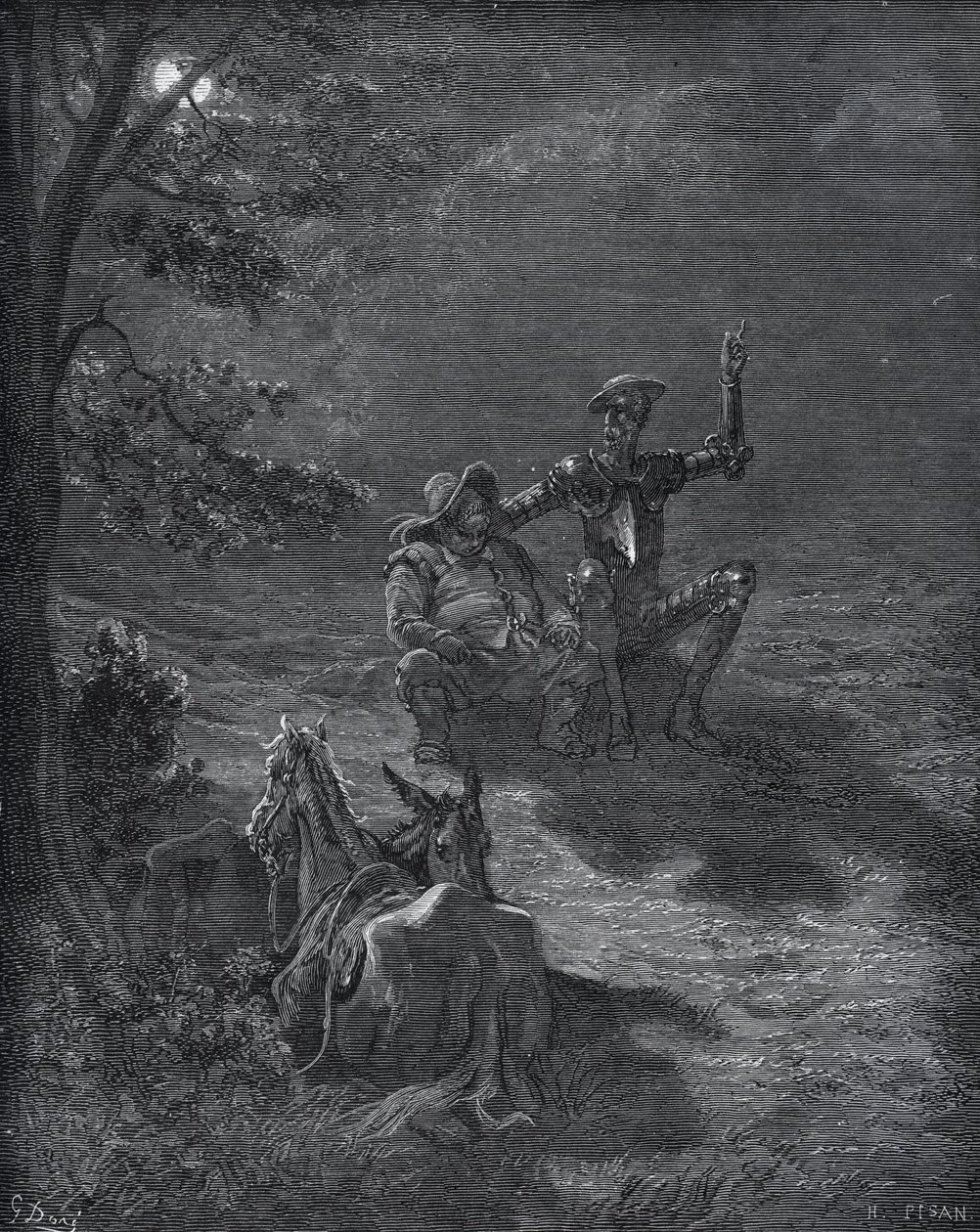 En nattlig diskurs - fra "Don Quixote de la Mancha" av Miguel Cervantes (1547-1616) (Don Quixote) - Tresnitt etter tegning av Gustave Dore av Gustave Dore