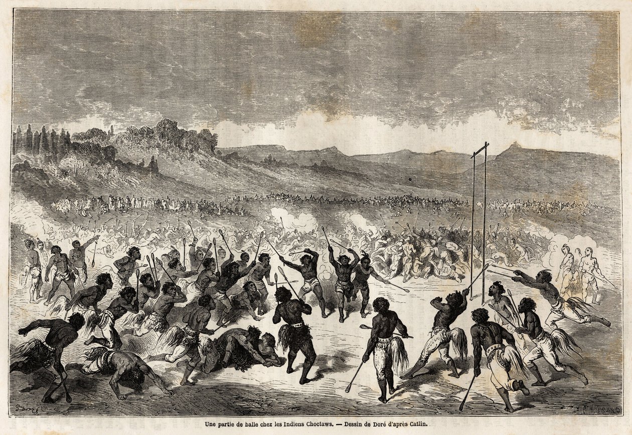 Et ballspill blant Choctaws-indianerne, stamme i Mississippi-regionen, tegnet av Gustave Dore (1832-1883), for å illustrere Mississippi-reisen til Stillehavet i 1853-54 av Baudouin Mollhausen (1825-1905). Gravering i "" Le tour du monde, nouveau  av Gustave Dore
