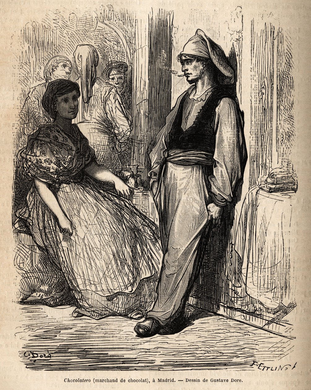 En sjokoladehandler i friluft, skisse på det livlige tatt i Madrid. Gravering av Gustave Dore (1832-1883) for å illustrere hans reise til Spania, med Ch. Davillier (redaktør), i 1862, utgitt i "" Le tour du monde""" 1869, redigert av Edouard Charton, Hach av Gustave Dore