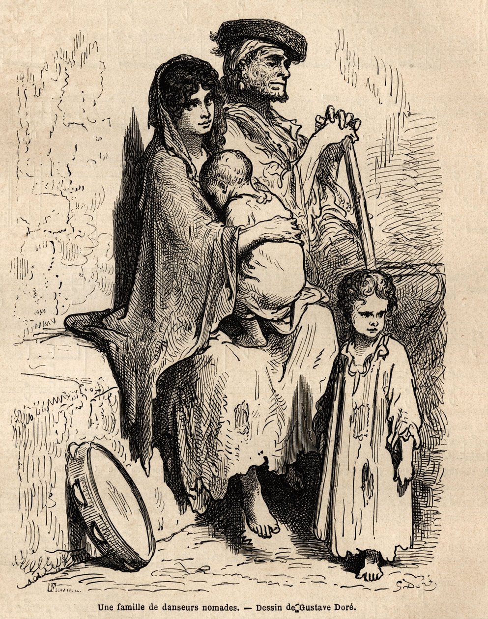 En familie av nomadedansere hviler i gatene i Sevilla. Skisse tatt live av Gustave Dore (1832-1883). Gravering for å illustrere reisen i Spania, i 1862 av Charles Davillier og Gustave Dore, i "Le tour du monde, nouveau journal des voyag av Gustave Dore