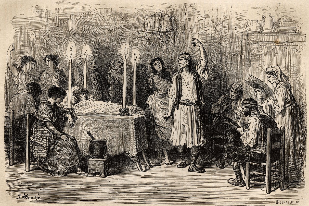 En begravelsesdans under begravelsesdagen i Jijonas (provinsen Alicante). Skisse tatt live av Gustave Dore (1832-1883). Gravering for å illustrere reisen i Spania, i 1862 av Charles Davillier og Gustave Dore, i "Le tour du monde, nouveau jour av Gustave Dore