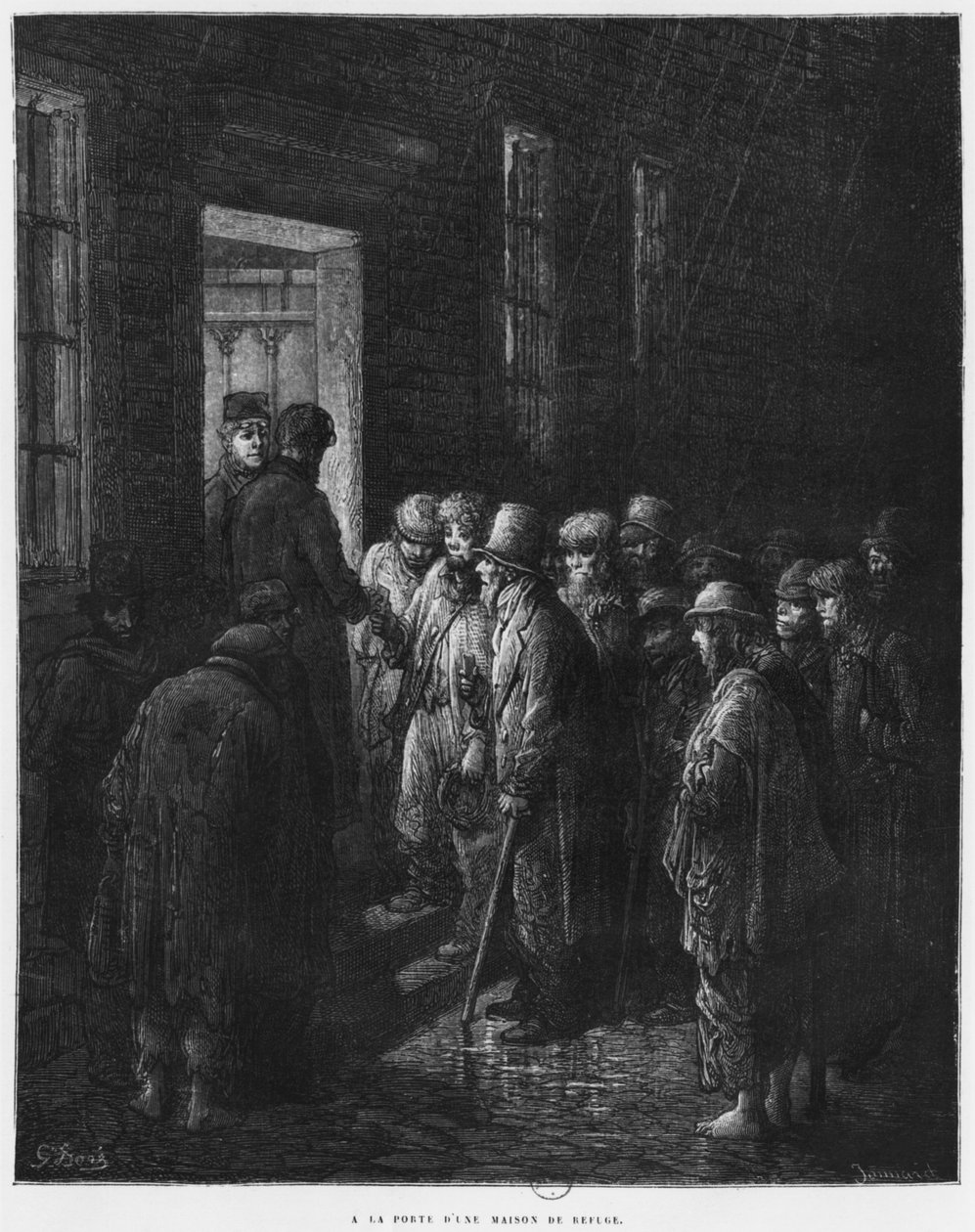 Et tilfluktshus, illustrasjon fra 'Londres' av Louis Enault (1824-1900) 1876, gravert av Paul Jonnard-Pacel (d.1902) Paris, Hachette av Gustave Dore