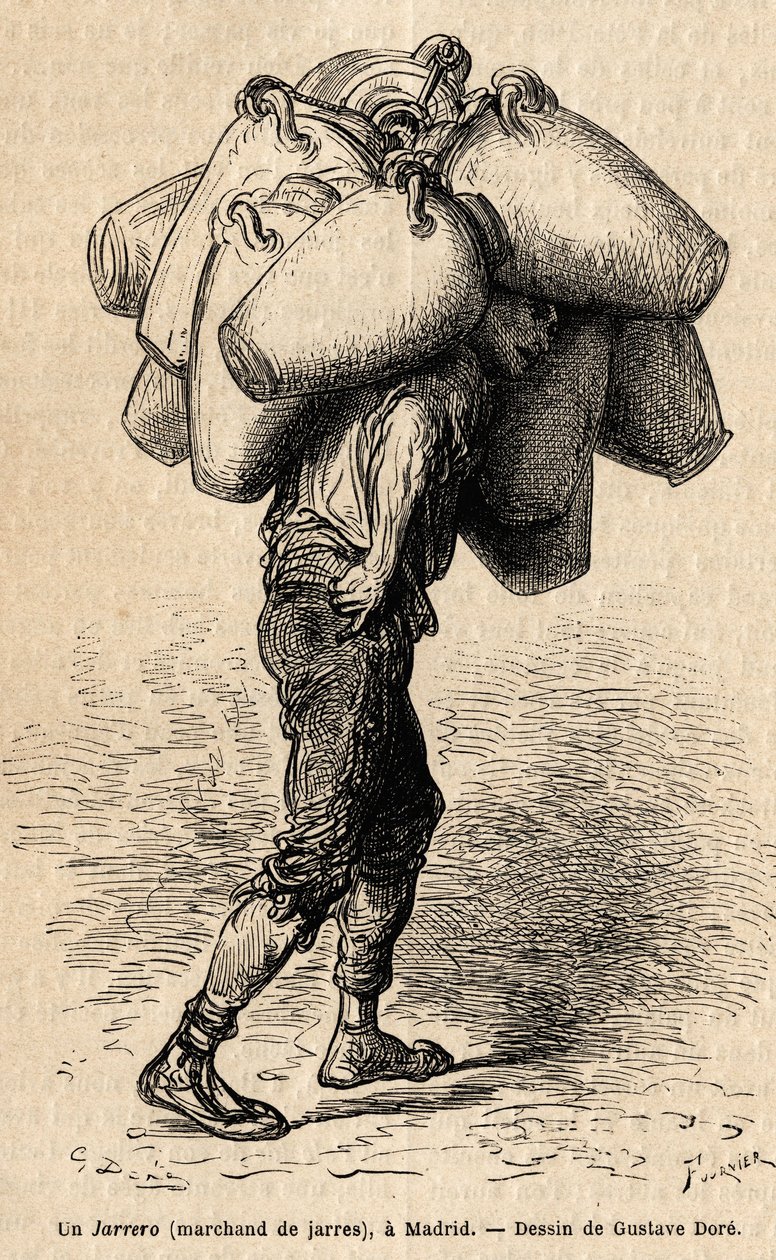 En krukkehandler, skisse på det livlige tatt i Madrid. Gravering av Gustave Dore (1832-1883) for å illustrere reisen til Spania, med Ch. Davillier (redaktør), i 1862, publisert i "" Le tour du monde""" 1869, redigert av Edouard Charton, Hachette-utgaven, P av Gustave Dore