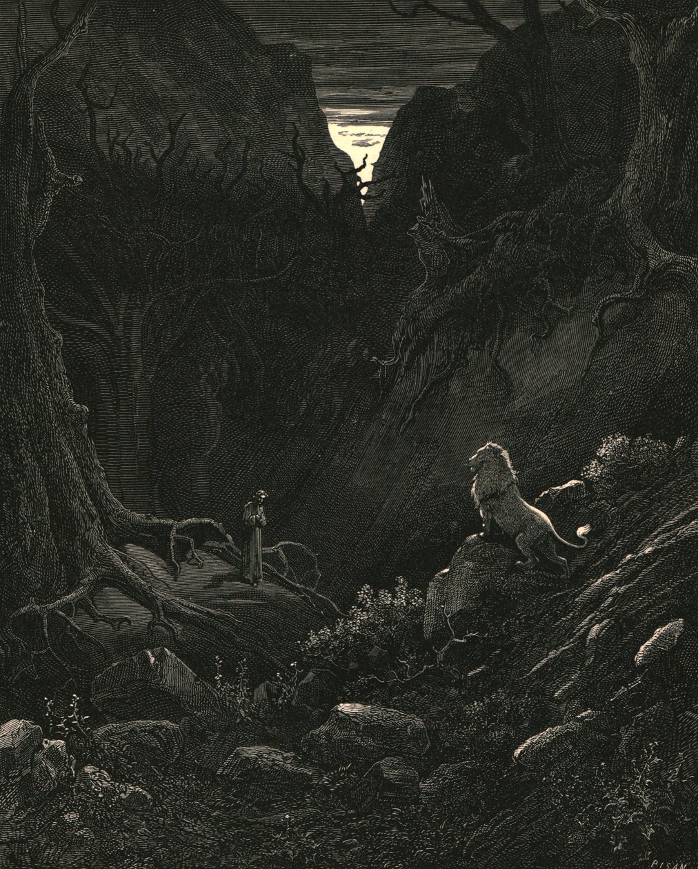 En løve kom, mot meg som det ser ut, c1890. av Gustave Dore