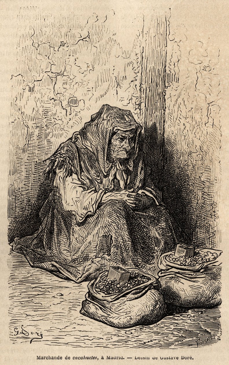 En peanøtthandler, skisse på live i puerta del sol, i Madrid. Gravering av Gustave Dore (1832-1883) for å illustrere reisen til Spania, med Ch. Davillier (redaktør), i 1862, utgitt i "" Le tour du monde""" 1869, redigert av Edouard av Gustave Dore