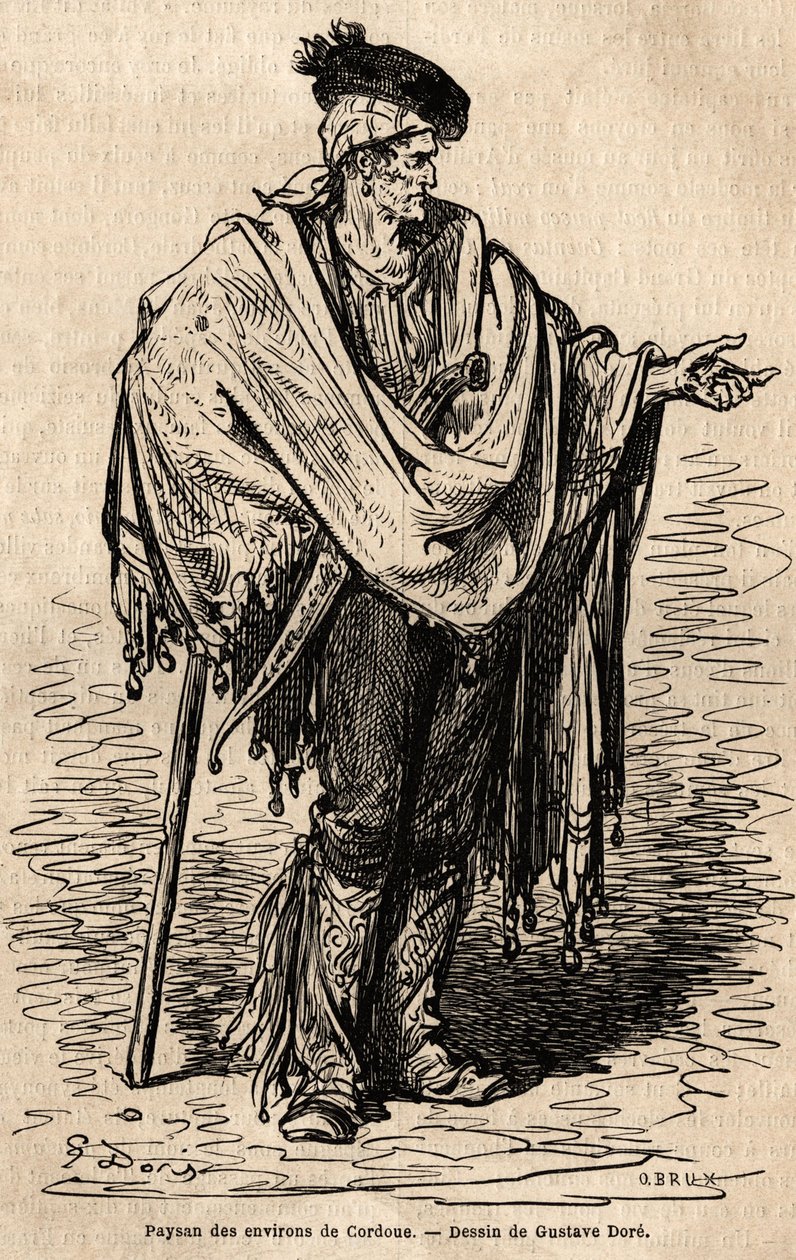 En bonde fra Cordoba-regionen. Skisse tatt live av Gustave Dore (1832-1883). Gravering for å illustrere reisen i Spania, i 1862 av Charles Davillier og Gustave Dore, i "Le tour du monde, nouveau journal des voyages"" utgitt under dir. av Gustave Dore