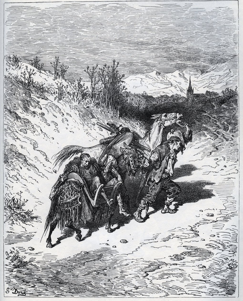 En pløyer bringer Don Quixote og Rossinante tilbake til landsbyen - fra «Don Quixote de la Mancha»» av Miguel Cervantes av Gustave Dore