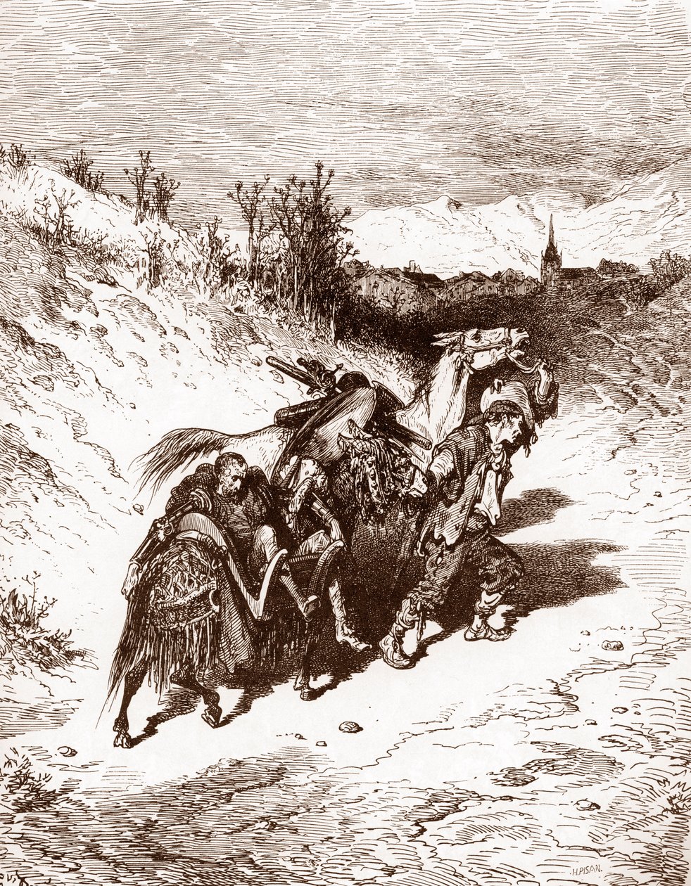 En plogmann fra sin egen landsby tar med Quixote hjem Gravering av Gustave Dore (1832-1883) for «L'Ingenieux Hidalgo Don Quixote de la Manche (Quixote - Quijote)» av Miguel de Cervantes (1547-1616) 1863 Privat samling av Gustave Dore