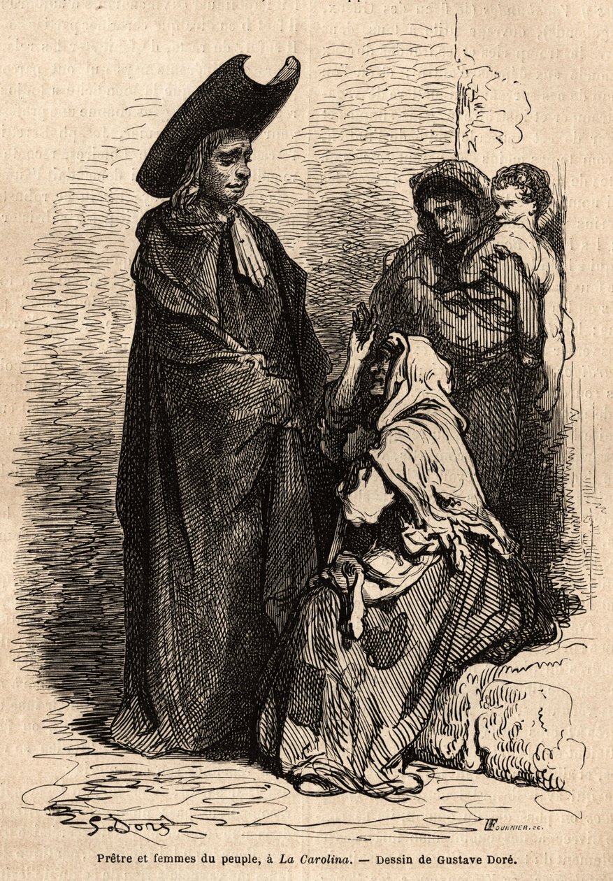 En prest og en kvinne av folket, kledd i filler; de profesjonelle spanske tiggerne slo seg ned på kirkenes domstoler for å utnytte den kristne nestekjærligheten dyktig. Skisse tatt live av Gustave Dore (1832-1883). Gravering for å illustrere reisen av Gustave Dore