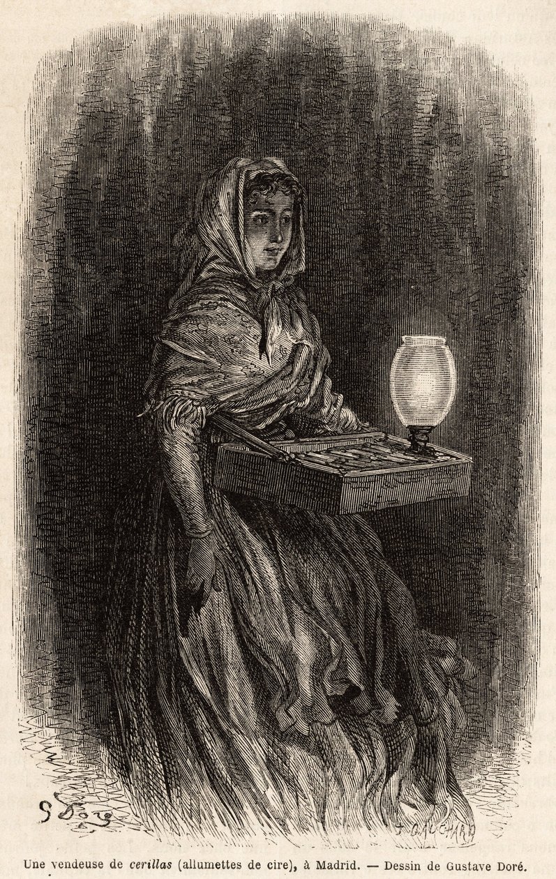 En selger av voks fyrstikker, sketch på live i puerta del sol, i Madrid. Gravering av Gustave Dore (1832-1883) for å illustrere hans reise til Spania, med Ch. Davillier (redaktør), i 1862, publisert i "" Le tour du monde""" 1869, redigert av Edouard Charto av Gustave Dore