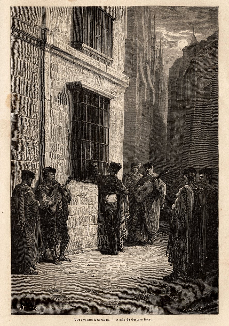 En serenade i måneskinnet, i Cordobas gater, snakker elskeren, med gitar i hånden, lav stemme til sin forlovede gjennom et nettingvindu, resiterer dikt eller synger en sang for ham. Tegning av Gustave Dore (1832-1883). Gravering for å illustrere v av Gustave Dore