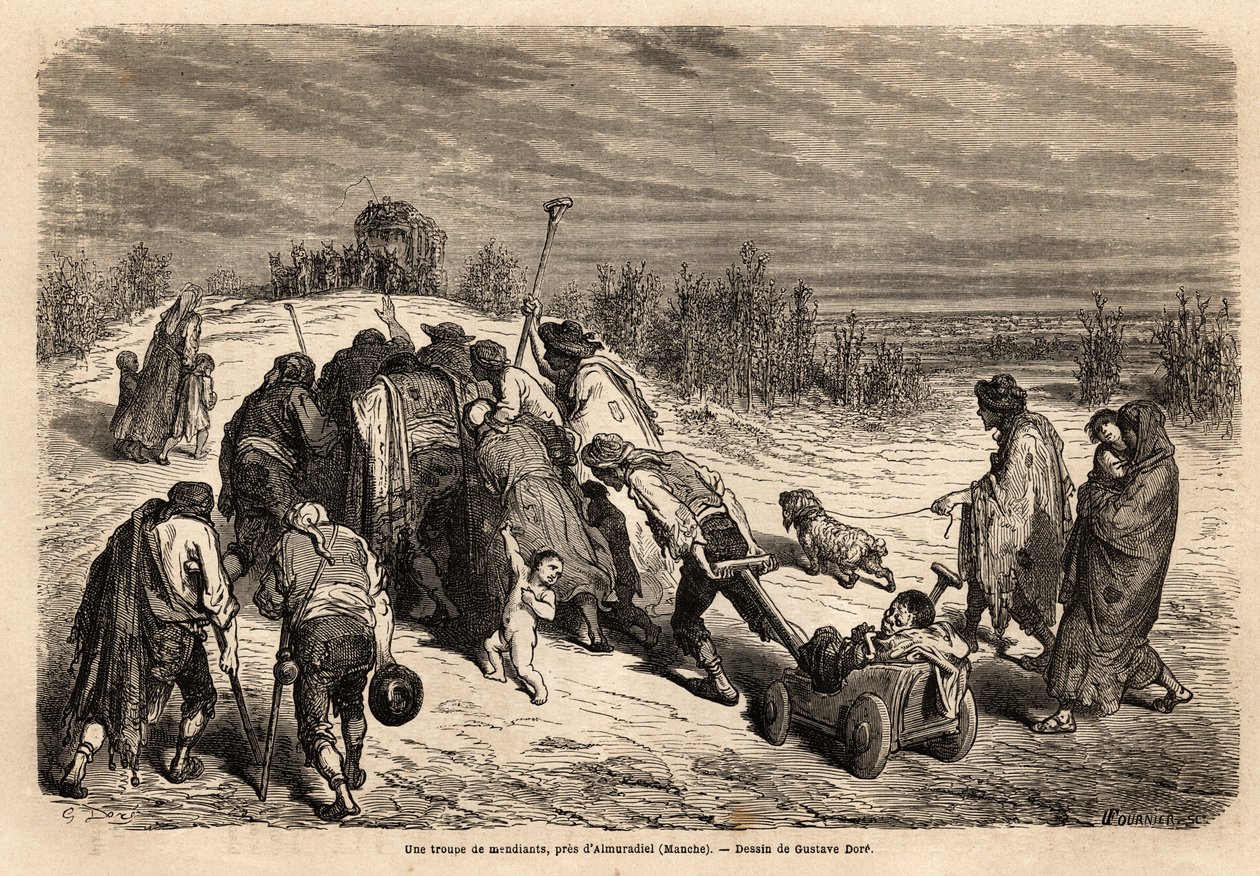 En gruppe tiggere og bevegelseshemmede, en veritabel domstol for mirakler, er på vei til en flid for å be om almon i nærheten av Almuradiel (Mancha-provinsen). Tegning av Gustave Dore (1832-1883). Gravering for å illustrere reisen i Spania, i 1862 av Charl av Gustave Dore