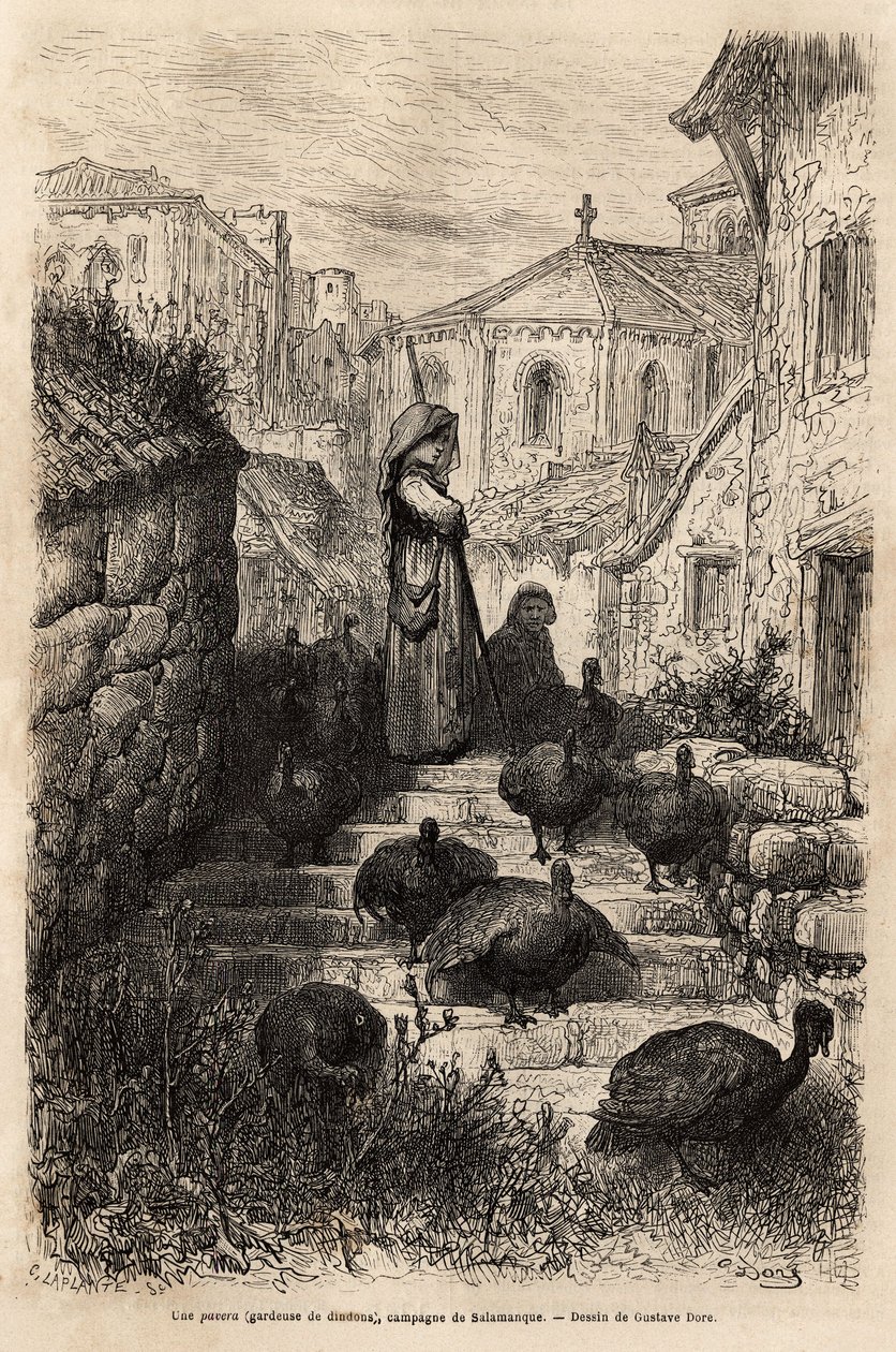 En kalkunholder, i gatene i en landsby på landsbygda i Salamanca. Tegning av Gustave Dore (1832-1883). Gravering for å illustrere reisen i Spania, av Charles Davillier, i 1862, publisert i "" Le tour du monde""" 1872, redigert av E av Gustave Dore