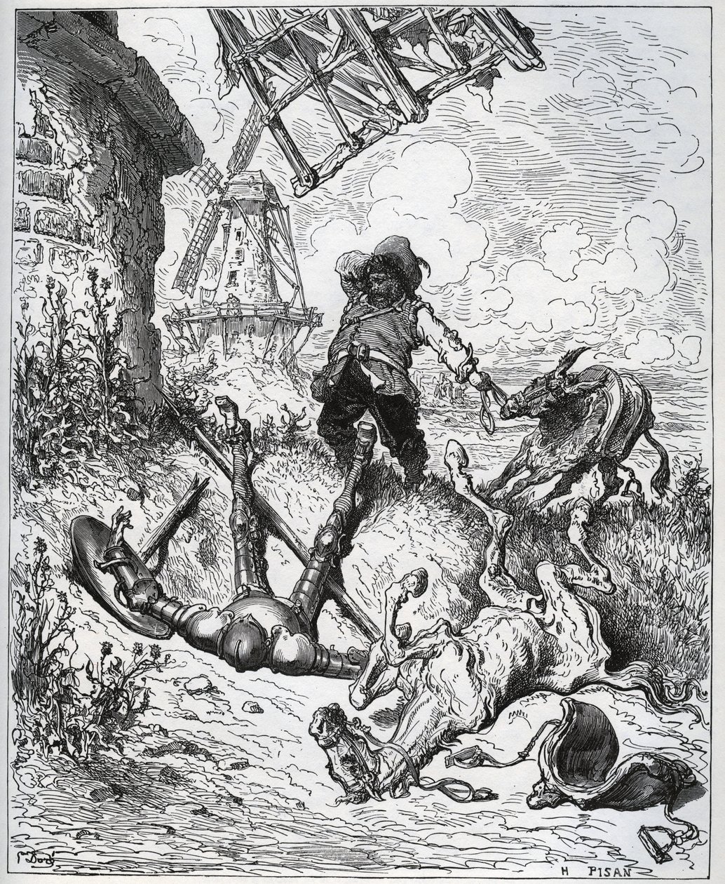 Etter angrepet gir vindmøllene - "" Misericorde! "" Sancho - fra "" Don Quixote de la Mancha"" av Miguel Cervantes (1547-1616) (Don Quixote) - Tresnitt etter tegning av Gustave Dore av Gustave Dore