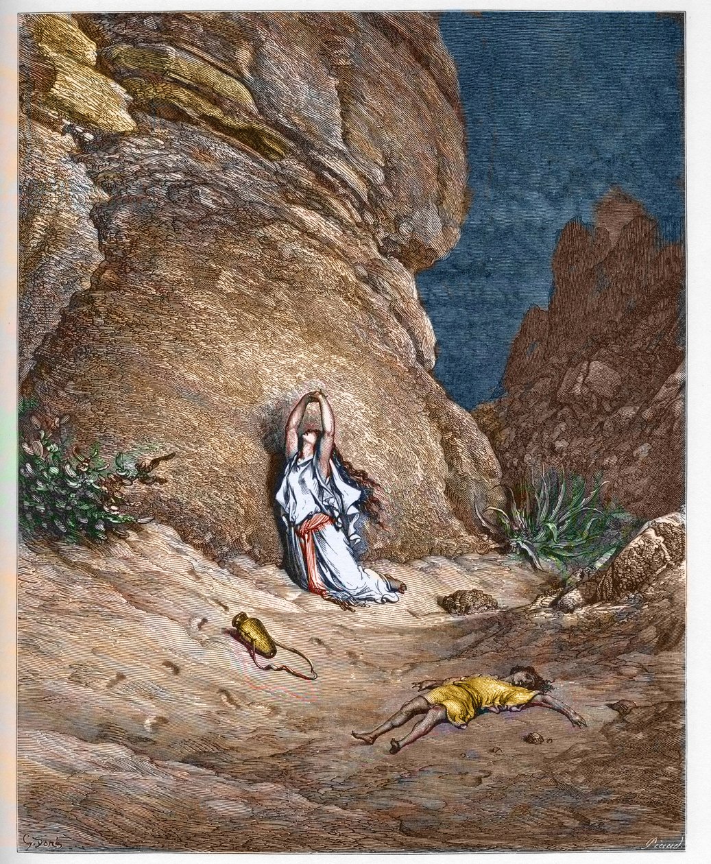 Agar (Hagar) og hennes sønn Ismail (Ishmael), i ørkenen etter å ha blitt utvist av Abraham - Agar (Hagar) og sønn Ismael (Ismael), i ørkenen etter å ha blitt jaktet av Abraham - gravering i "" Bibelen illustree"" av Gustave Dore (1832-1883) - Gravering fr av Gustave Dore