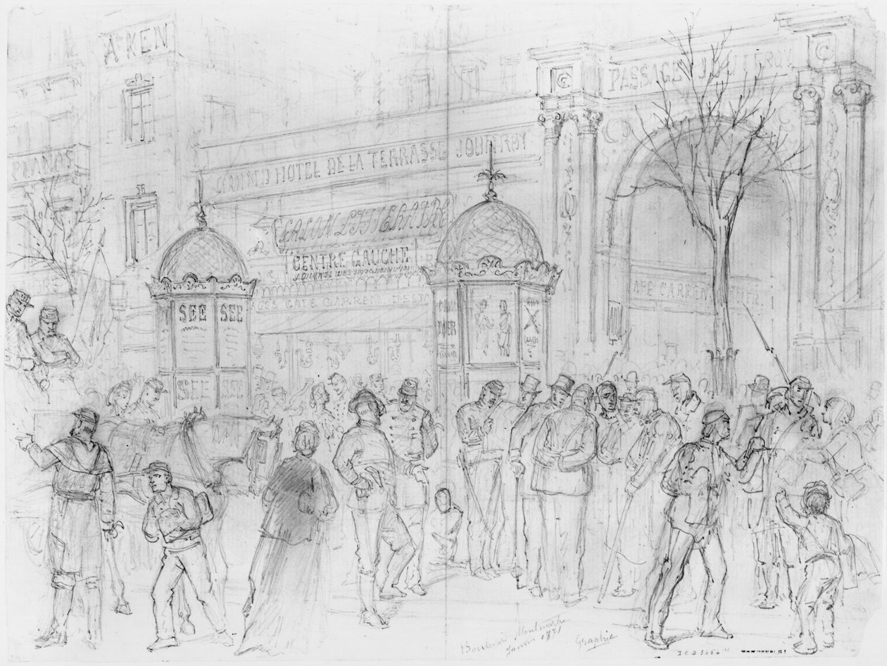 Album of the Siege of Paris, Boulevard Montmartre, januar 1871 (penn og brun blekkvask og blyant på papir) av Gustave Dore