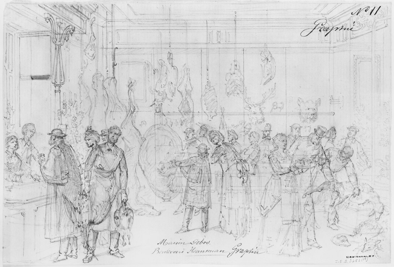 Album of the Siege of Paris, Maison Debos, boulevard Haussmann (penn- og brunt blekkvask og blyant på papir) av Gustave Dore