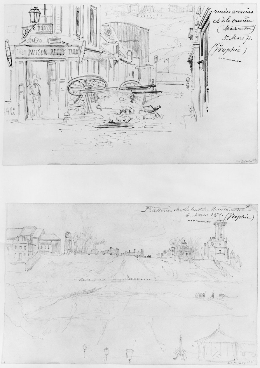 Album of the Siege of Paris, Rue des Acacias et rue de la Carriere 5. mars 1871, batterier på Buttes Montmartre 6. mars 1871 (penn og brun blekkvask og blyant på papir) av Gustave Dore