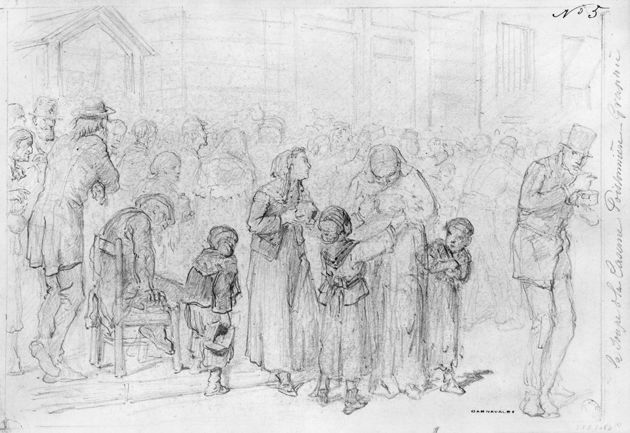 Album av beleiringen av Paris, suppen av Poissonniere-brakkene (penn og brun blekkvask og blyant på papir) av Gustave Dore