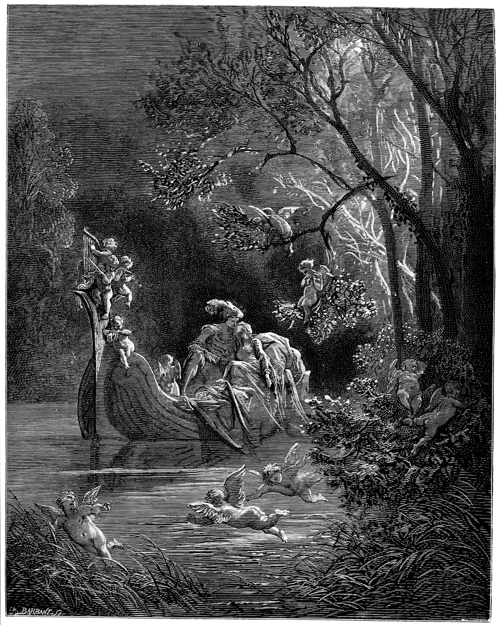 Alcina og Ruggiero som glade elskere ute og fisker av Gustave Dore