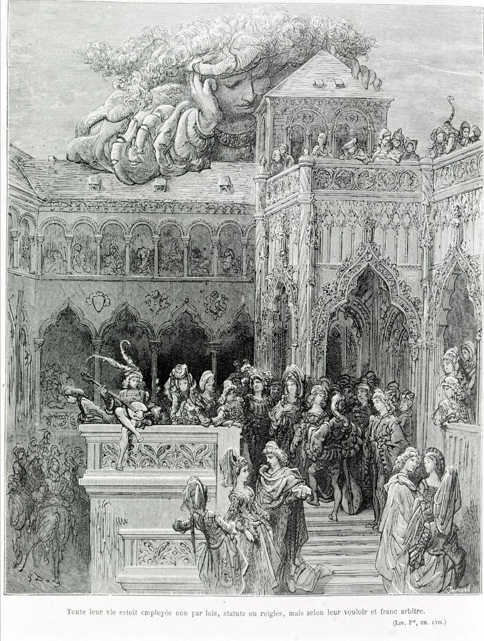 Hele deres liv ble ikke ansatt av lover, vedtekter eller regler, men i henhold til deres vilje og ærlige vilje, etter Gargantua (1534) av François Rabelais (1483 - 1553). Gravert av Gustave Dore (1832-1883). av Gustave Dore