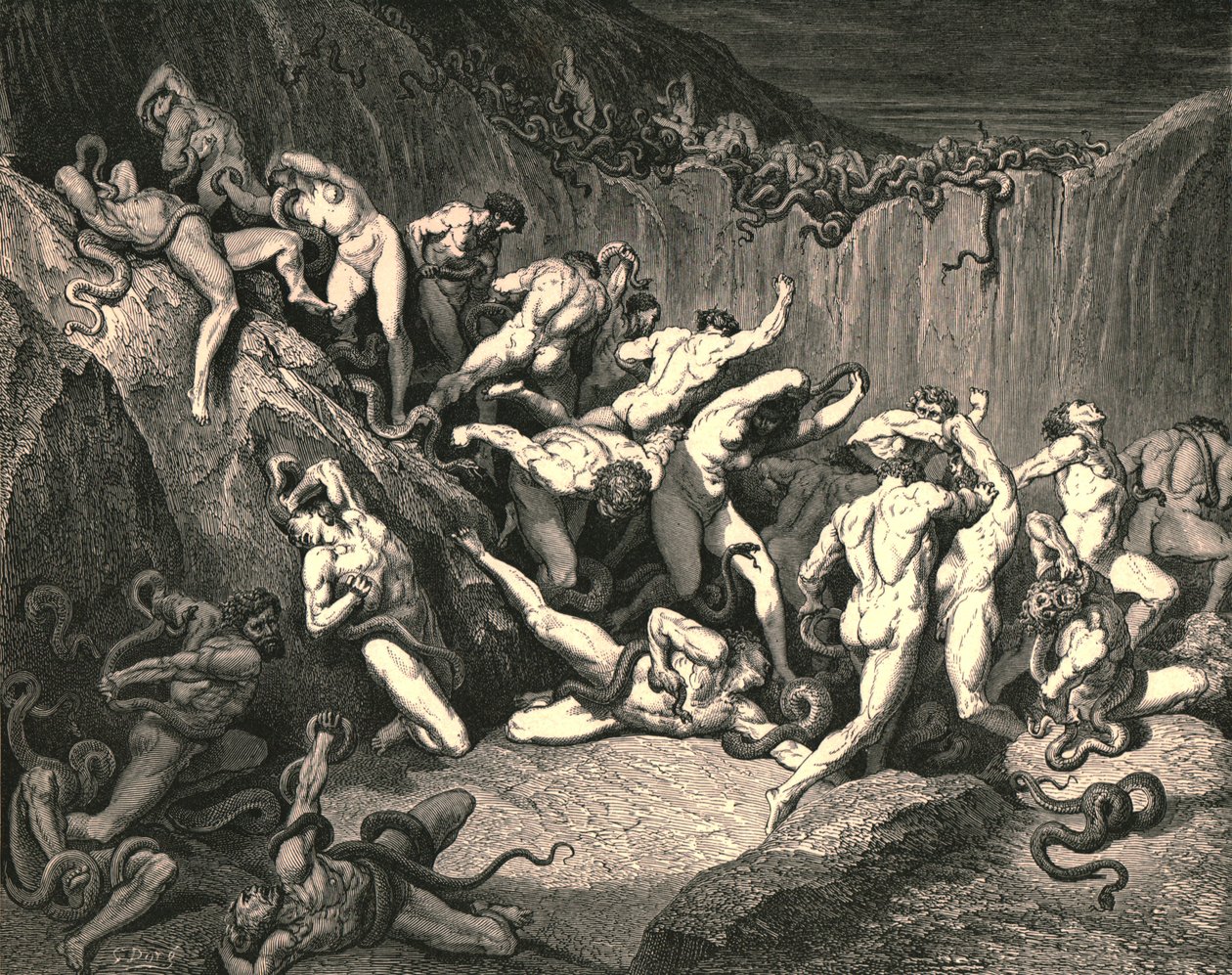 Midt i denne fryktelige overstrømmende ve løp nakne ånder bevinget av fryktelig frykt, ca 1890. av Gustave Dore
