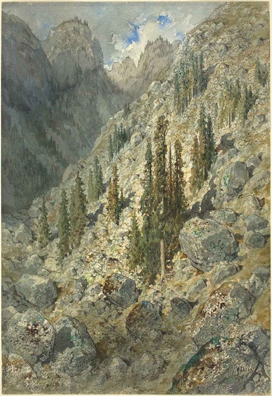 En alpin dal med trær og steinblokker av Gustave Dore