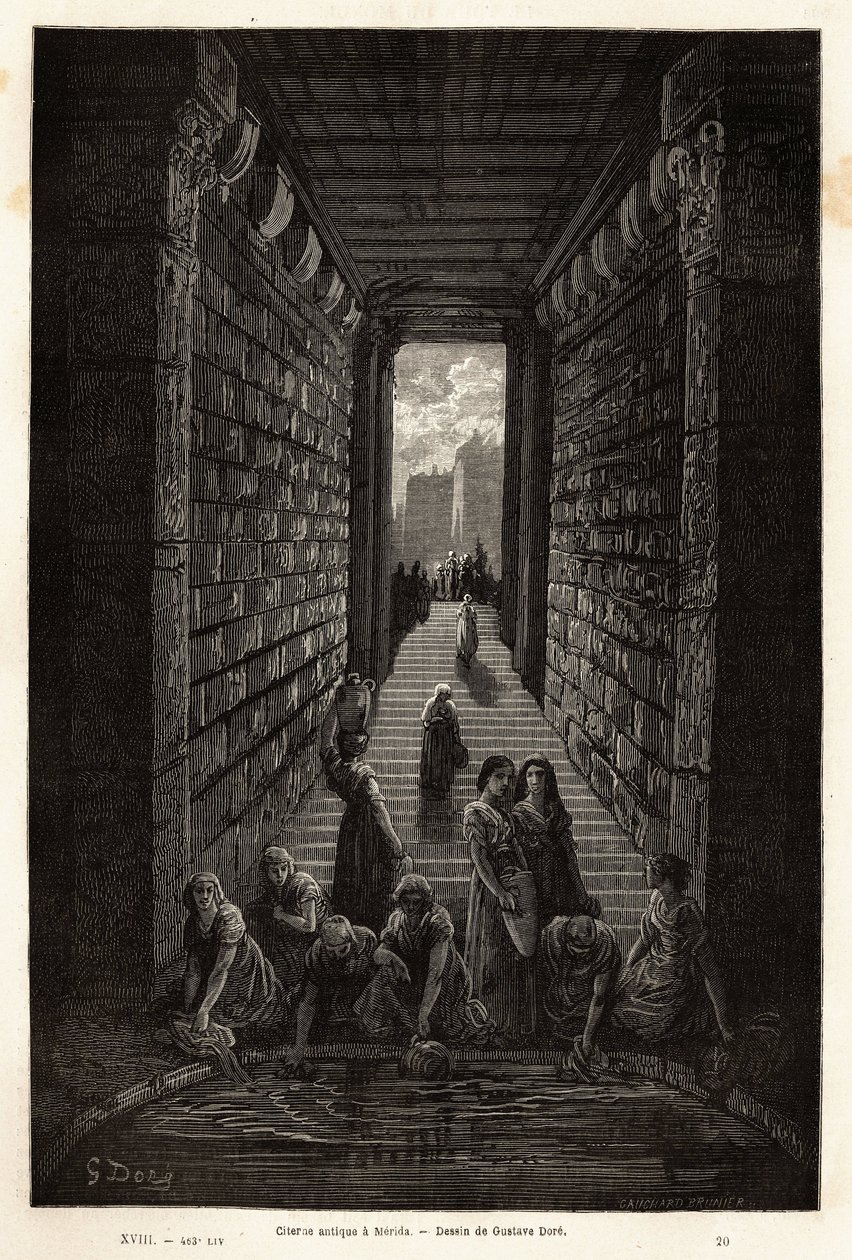 En antikk sisterne, fortsatt i bruk, i Merida. Gravering for å illustrere reisen til Spania av Gustave Dore (1832-1883) illustratør og baron Ch. Davillier-reaktor, i 1862, publisert i "Le tour du monde, nouveau journal des voyages", under ledelse av av Gustave Dore