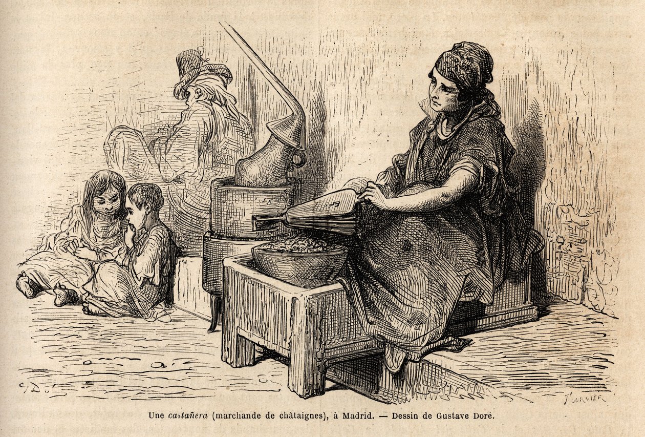 En utendørs kastanjehandler, med sin bærbare ovn, skisserer det levende i puerta del sol, i Madrid. Gravering av Gustave Dore (1832-1883) for å illustrere hans reise til Spania, med Ch. Davillier (redaktør), i 1862, publisert i "" Le tour du monde""" 18 av Gustave Dore