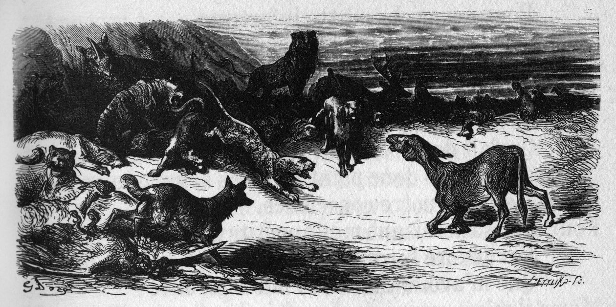 Dyr som er syke av pesten. Fabler av Jean de La Fontaine (1621-95). Illustrasjon av Gustave Dore. av Gustave Dore