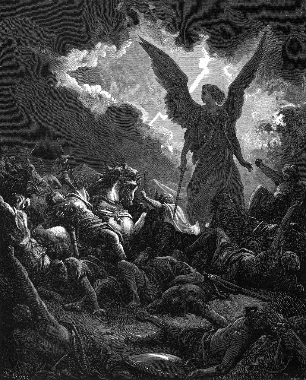 Erkeengel Gabriel, Guds redskap, slo Sanheribs leir og assyrerne, 1865-1866 av Gustave Dore