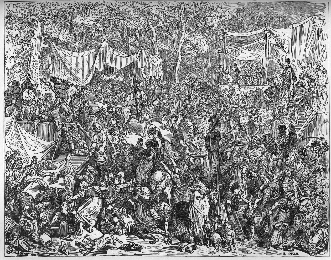 Arrivee de Don Quixote ved bryllupet til Camache - fra "Don Quixote de la Mancha" av Miguel Cervantes (1547-1616) (Don Quixote) - Tresnitt etter tegning av Gustave Dore av Gustave Dore