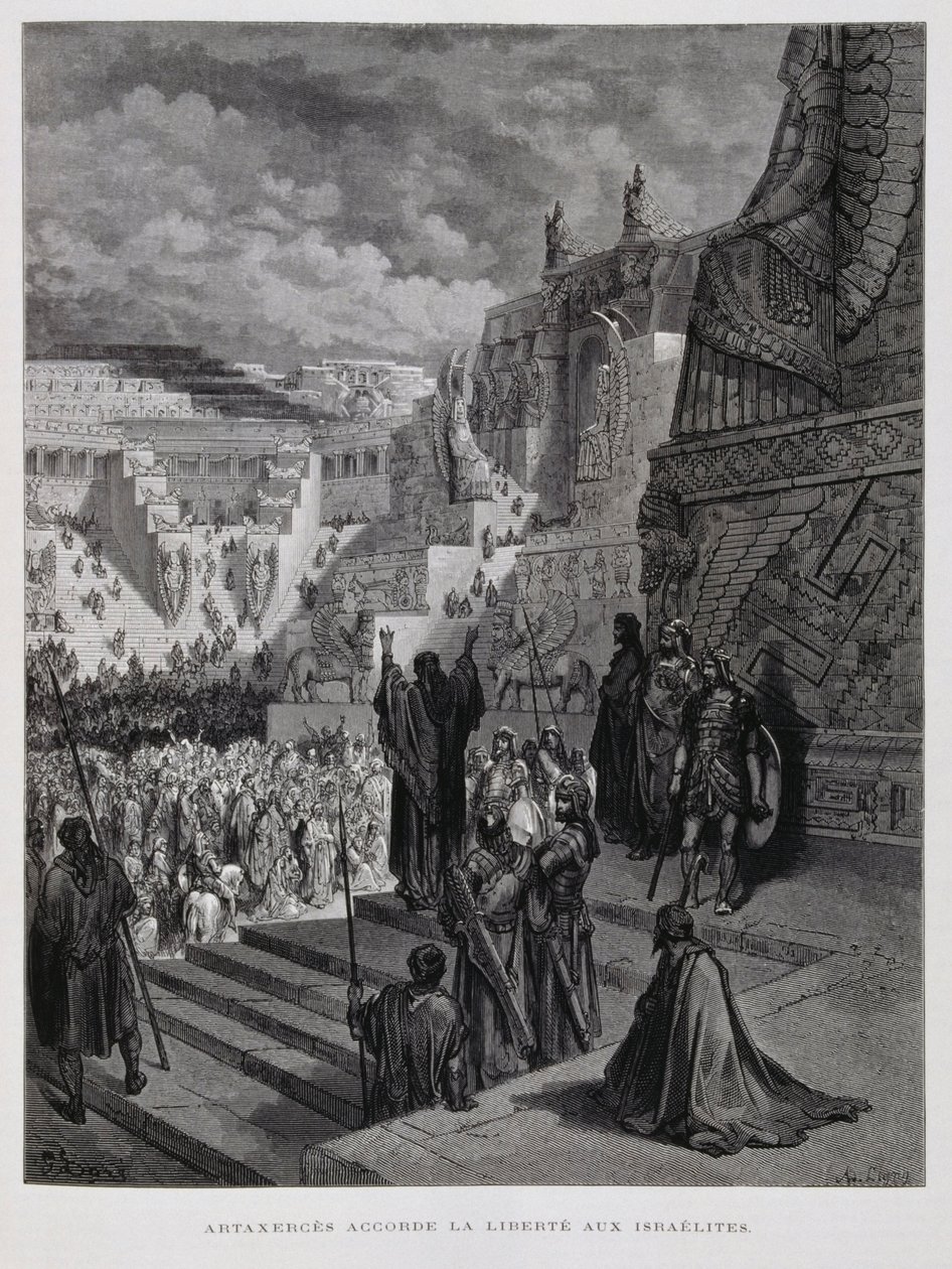 Artaxerxes gir frihet til jødene i Persia, illustrasjon fra Dore-bibelen av Gustave Dore