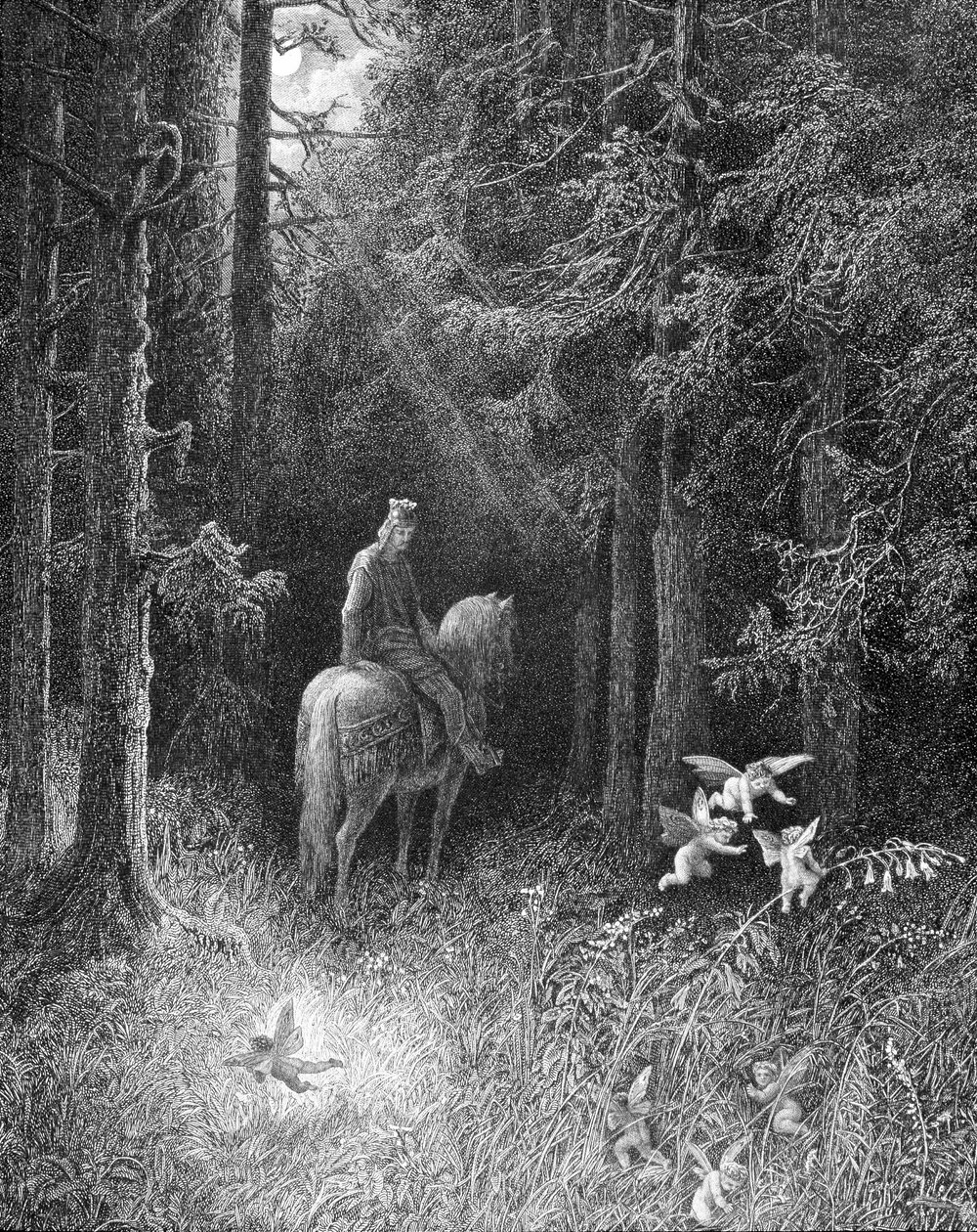 Da han krysset de mørke skogene, så han selv tre ånder gale av glede hoppe til siden av veien på en stor blomst (en ridder av det runde bordet møter de tre åndene i skogen Brocéliande) - i "" Junièvre"" av Alfred Tennyson, ill. av Gu av Gustave Dore