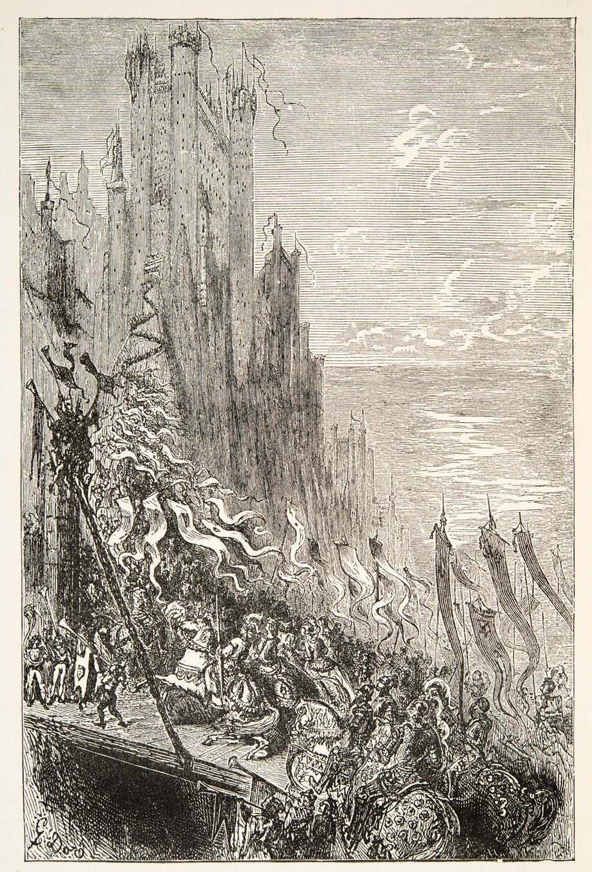At the City of the Countess of the Fountain, fra Stories of the Days of King Arthur av Charles Henry Hanson, pub.1898 av Gustave Dore