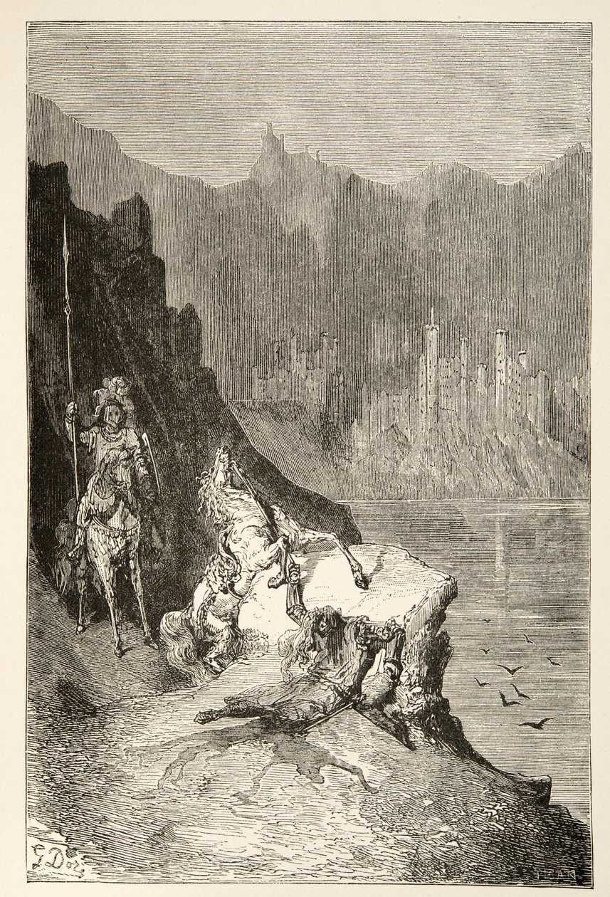 Balin Slays Sir Lanceor, fra Stories of the Days of King Arthur av Charles Henry Hanson, pub.1898 av Gustave Dore