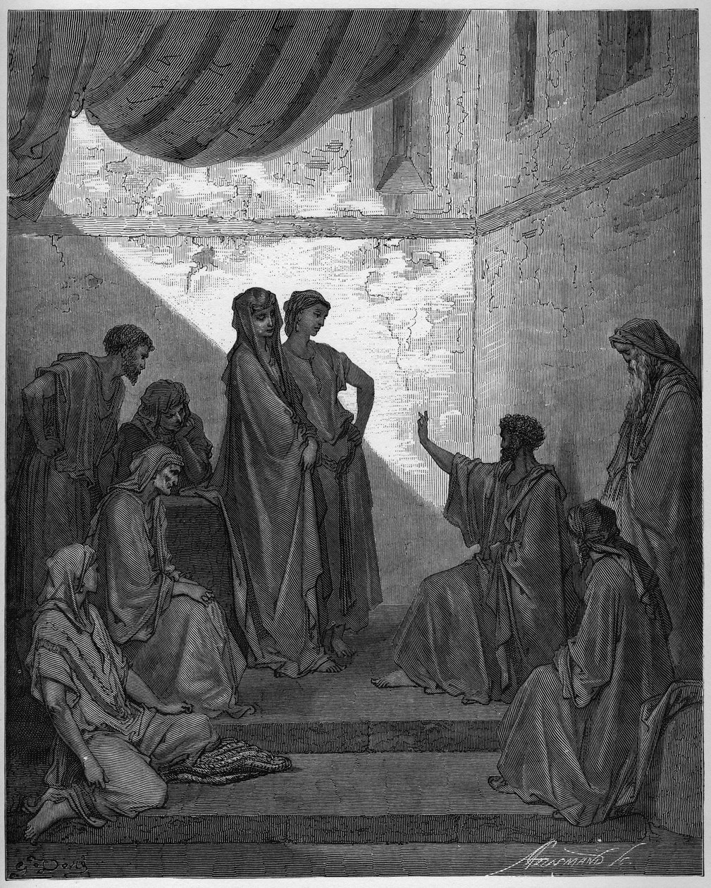 Dåp av høvedsmannen Cornelius - høvedsmannen Cornelius mottar troen på Jesus Kristus, og blir døpt av St. Peter. - Gravering i "The Bible illustree" av Gustave Dore (1832-1883) - Gravering fra "" The Dore Bible"" av Gustave Dore