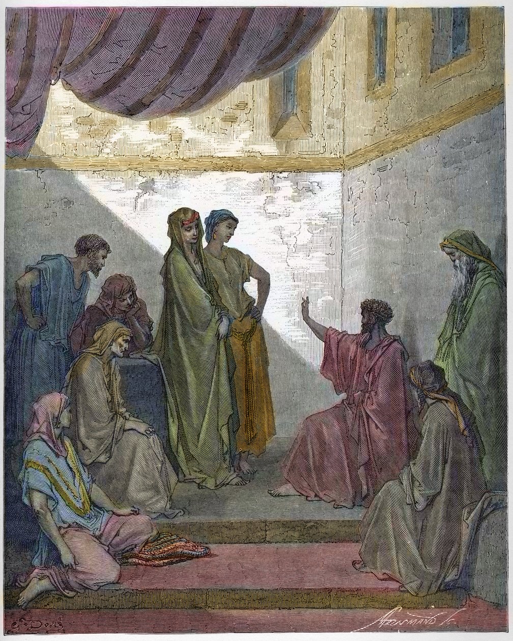 Dåp av høvedsmannen Cornelius - høvedsmannen Cornelius mottar troen på Jesus Kristus, og blir døpt av St. Peter. - Gravering i "The Bible illustree" av Gustave Dore (1832-1883) - Gravering fra "" The Dore Bible"" av Gustave Dore