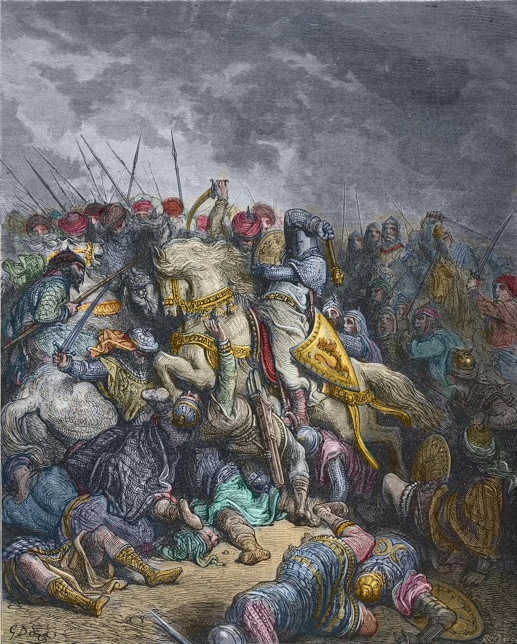 Slaget ved Arsur - Richard I Lion Heart (1157-1199), konge av England som deltar i det 3. korstoget - Richard the Lionheart i slaget ved Arsuf (1191), Third Crusade, gravering av Gustave Dore - fra History of the Crusades av Joseph -Francois Michaud av Gustave Dore