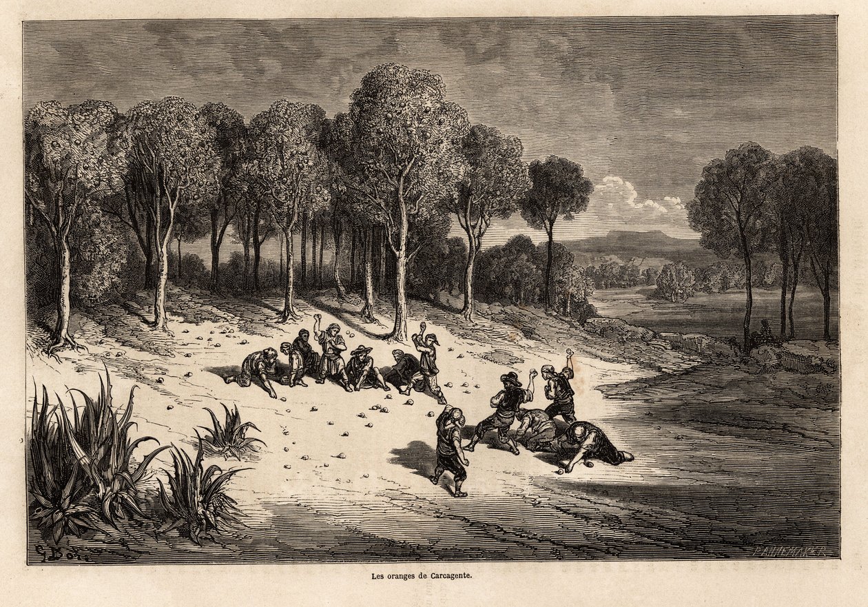 Battle of Oranges av Carcagente, tegning av Gustave Dore (1832-1883), for å illustrere hans reise til Spania med C.Davillier, i 1862. Gravering i "" Le tour du monde", redigert av Edouard Charton av Gustave Dore