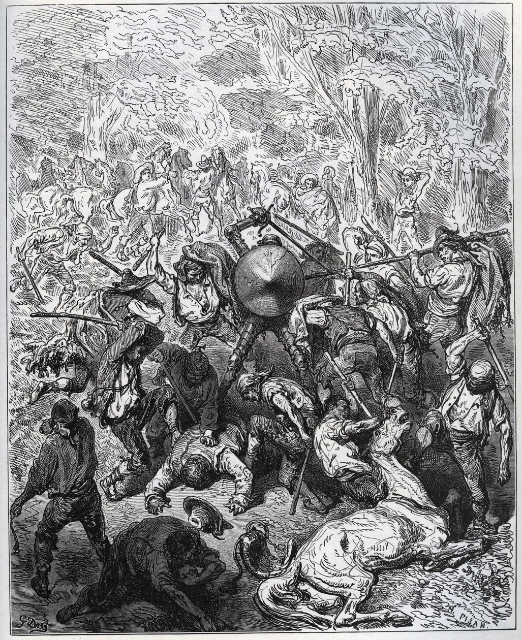 Kamp med muldyrmakere - Yangois brukte køllene sine - fra "Don Quixote de la Mancha" av Miguel Cervantes (1547-1616) (Don Quixote) - Tresnitt etter tegning av Gustave Dore av Gustave Dore