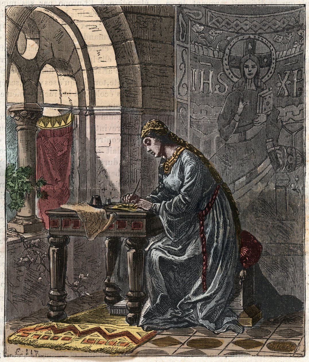 Bertrade av Montfort (1070-1117) Dronning av Frankrike (kone til Filip I, konge av Frankrike) i Fontevrault - Gravering av Gustave Dore fra 1800-tallet i "" Nasjonalhistorie illustrert av Frankrike fra de mest tilbaketrukne tider til i dag" 1876 - Private  av Gustave Dore