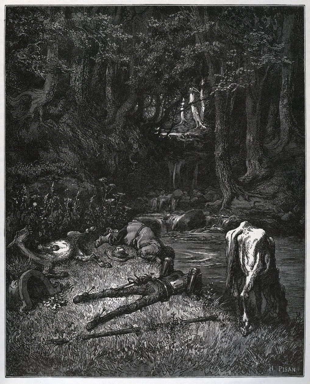 Bivouac in the forest - Convived by the beauty of the place, they resolved to spend the hours of nap there - from “” Don Quixote de la Mancha”” by Miguel Cervantes (1547-1616) (Don Quixote) - Woodcut after drawing by Gustave Dore av Gustave Dore