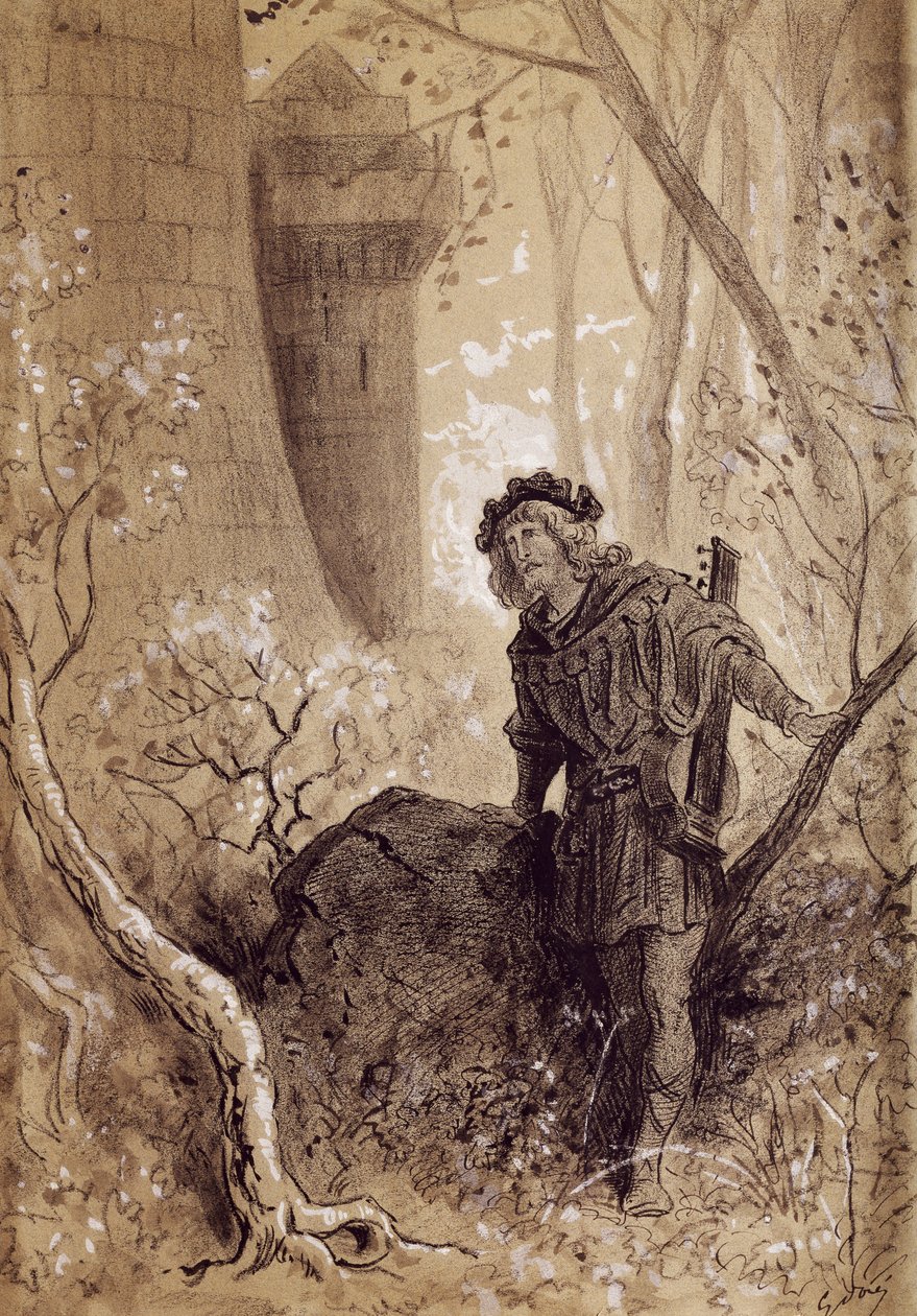 Blondel som hører stemmen til Richard Løvehjerte, illustrasjon for Gargantua og Pantagruel av Francois Rabelais (1483-1494 - 1553), gravering av Gustave Dore (1832-1883) av Gustave Dore