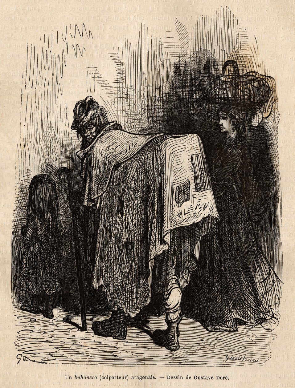 Buhonero, aragonisk kjøpmann. Tegning av Gustave Dore (1832-1883). Gravering for å illustrere reisen i Spania, av Charles Davillier, i 1862, utgitt i "" Le tour du monde""" 1872, redigert av Edouard Charton, Hachette-utgaven, Paris. Selva samling. av Gustave Dore