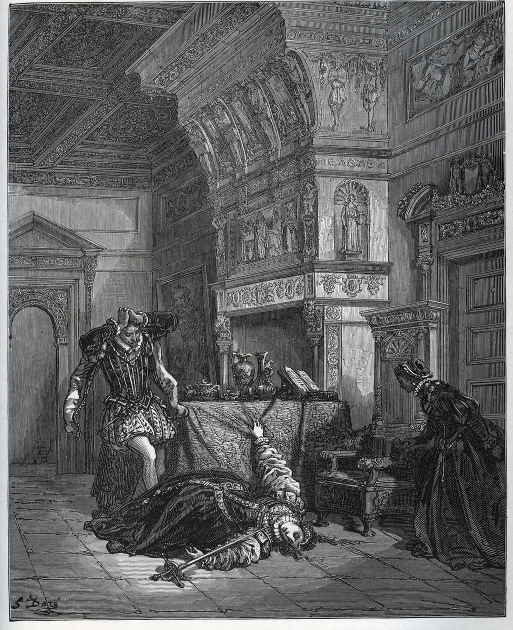 Camille finter selvmord foran Lothaire og Leonella - fra «Don Quixote de la Mancha» av Miguel Cervantes (1547-1616) (Don Quixote) - Tresnitt etter tegning av Gustave Dore av Gustave Dore