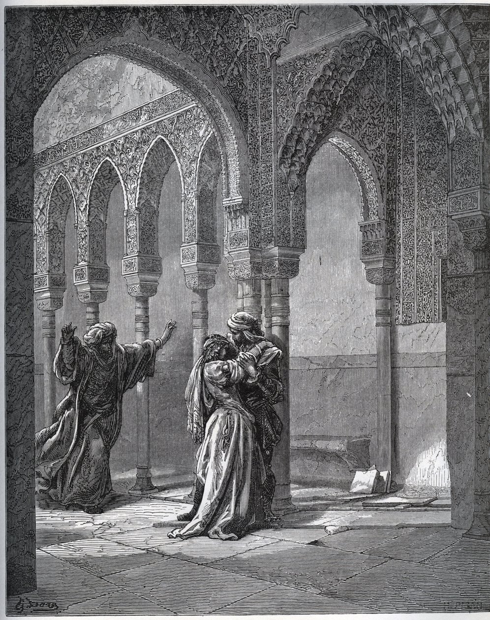 Fangehistorie. Første møte av fangen med Zoraide i hagen til faren hennes - fra "Don Quixote de la Mancha"" av Miguel Cervantes (1547-1616) (Don Quixote) - Tresnitt etter tegning av Gustave Dore av Gustave Dore