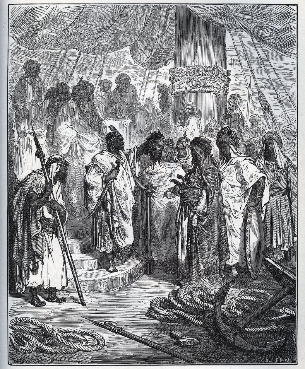 Fangehistorie. Pagano Dorias hode kuttet av araberne - Araberne kuttet hodet og bar det til generalen for den tyrkiske flåten - fra "Don Quixote de la Mancha"" av Miguel Cervantes (1547-1616) (Don Quixote) - Tresnitt etter tegning av Gustave av Gustave Dore