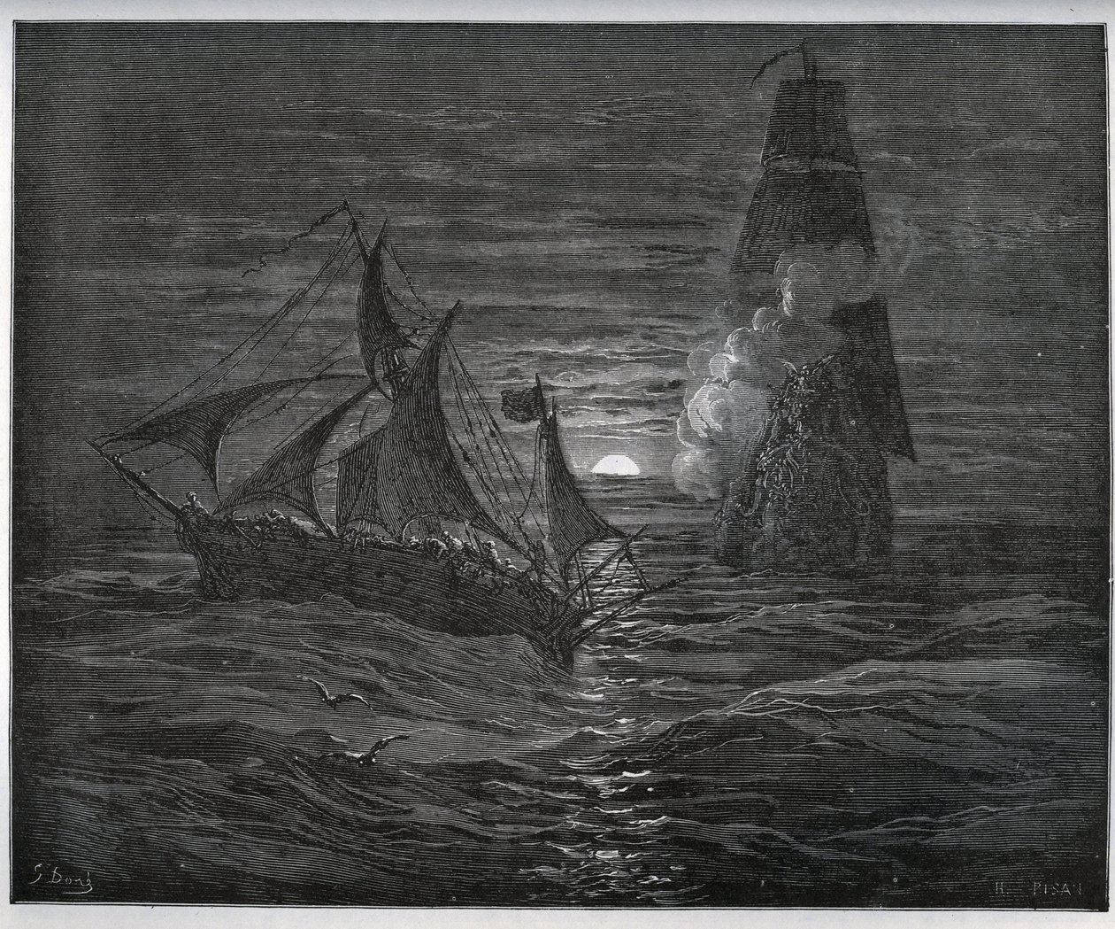 Fangehistorie. Den spanske rømningsbåten blir angrepet av et fransk skip fra "" Don Quixote de la Mancha"" av Miguel Cervantes (1547-1616) (Don Quixote) - Tresnitt etter tegning av Gustave Dore av Gustave Dore
