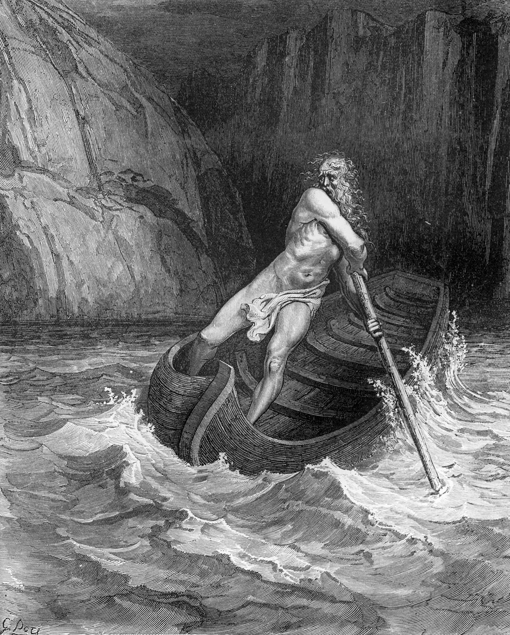 Charon, the Ferryman of Hell, fra The Divine Comedy (Inferno) av Dante Alighieri (1265-1321) gravert av Stephane Pannemaker (1847-1930) ca. 1868 av Gustave Dore
